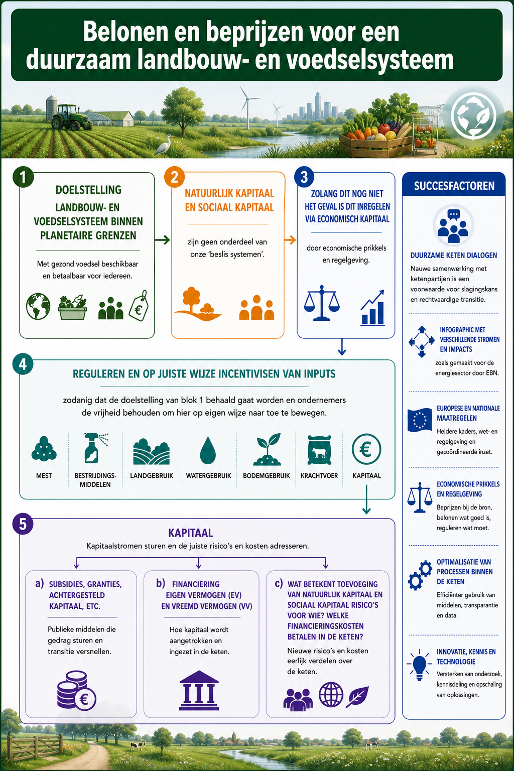 Dutch infographic showing a five-step flow from planetary boundaries through natural, social and economic capital to input regulation and capital financing