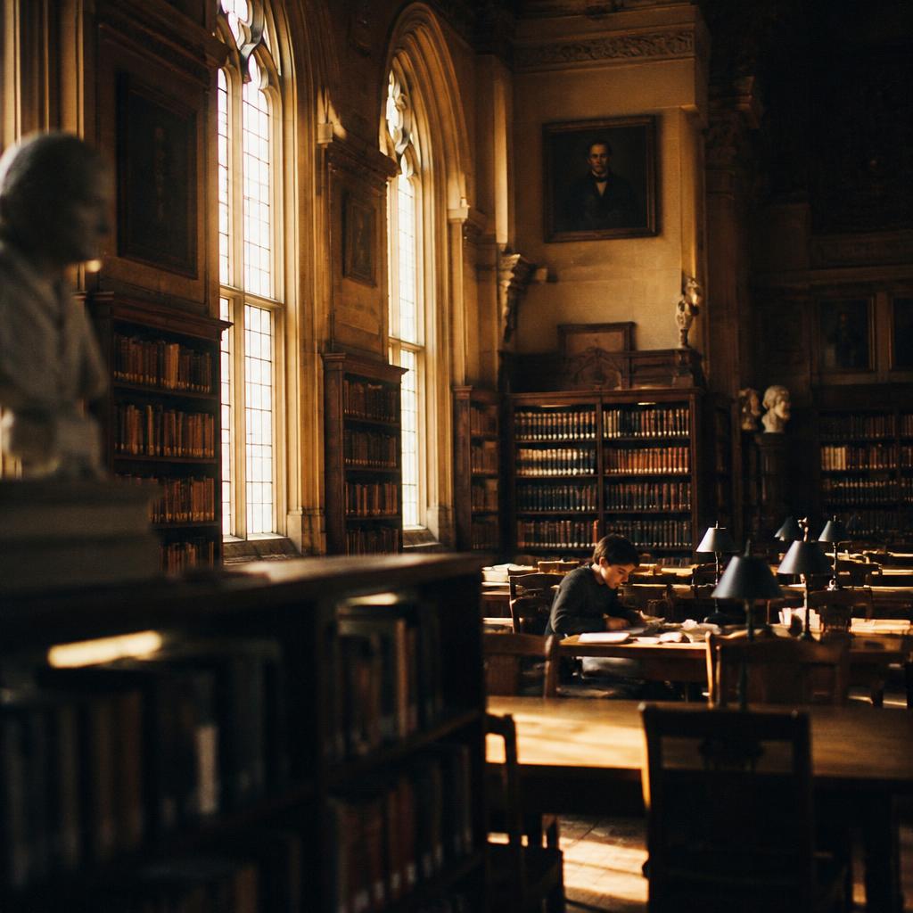 Historic university library interior with warm golden afternoon light