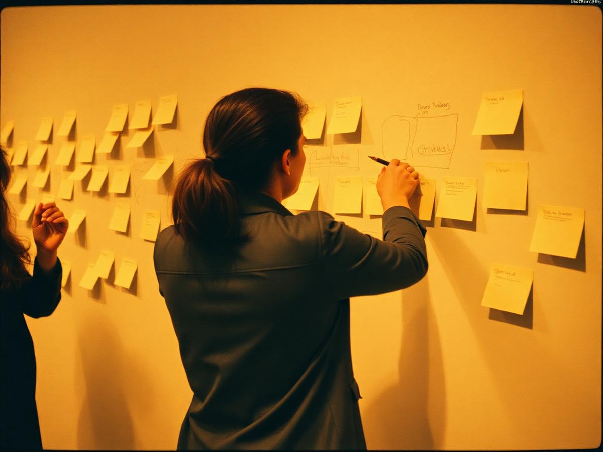 Sticky notes and sketches on a wall during a design thinking session