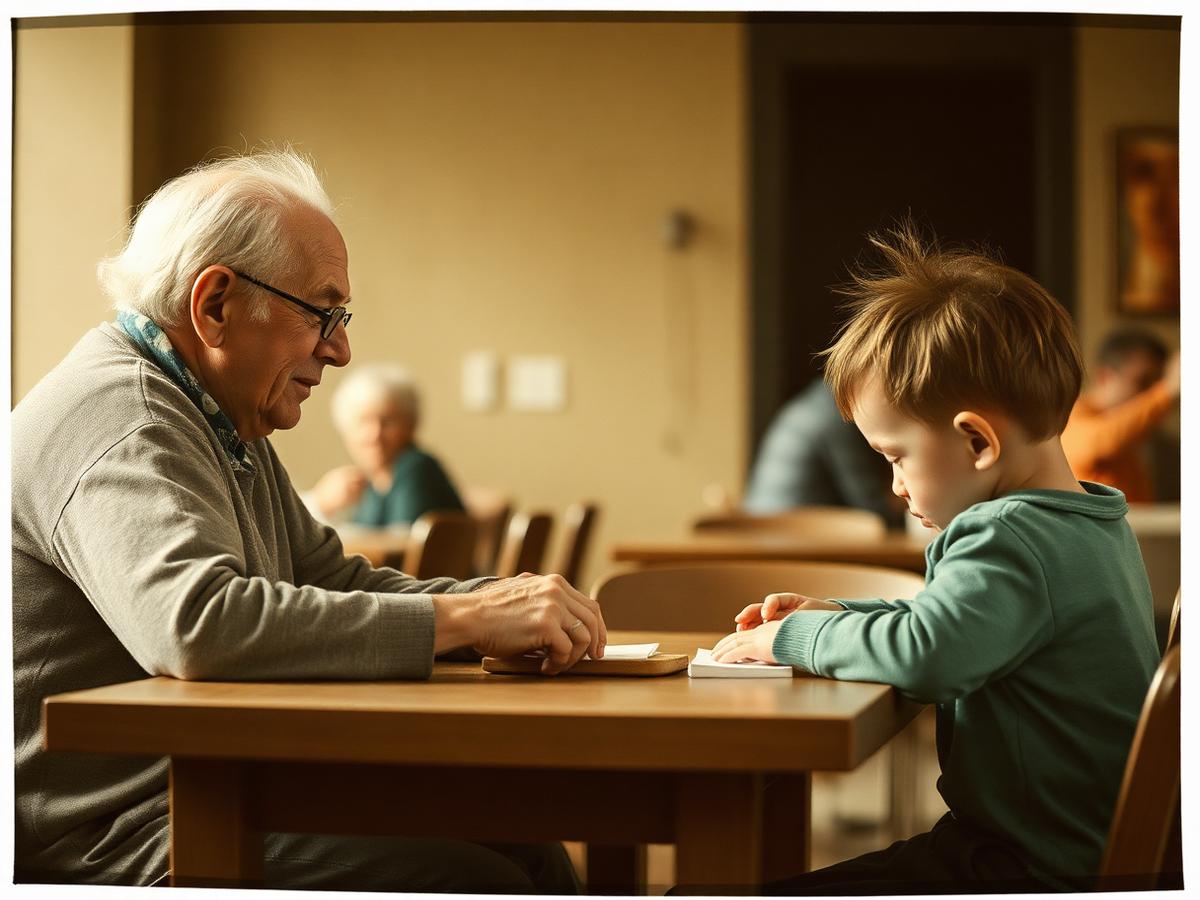 An elderly person and a child doing an activity together at a table