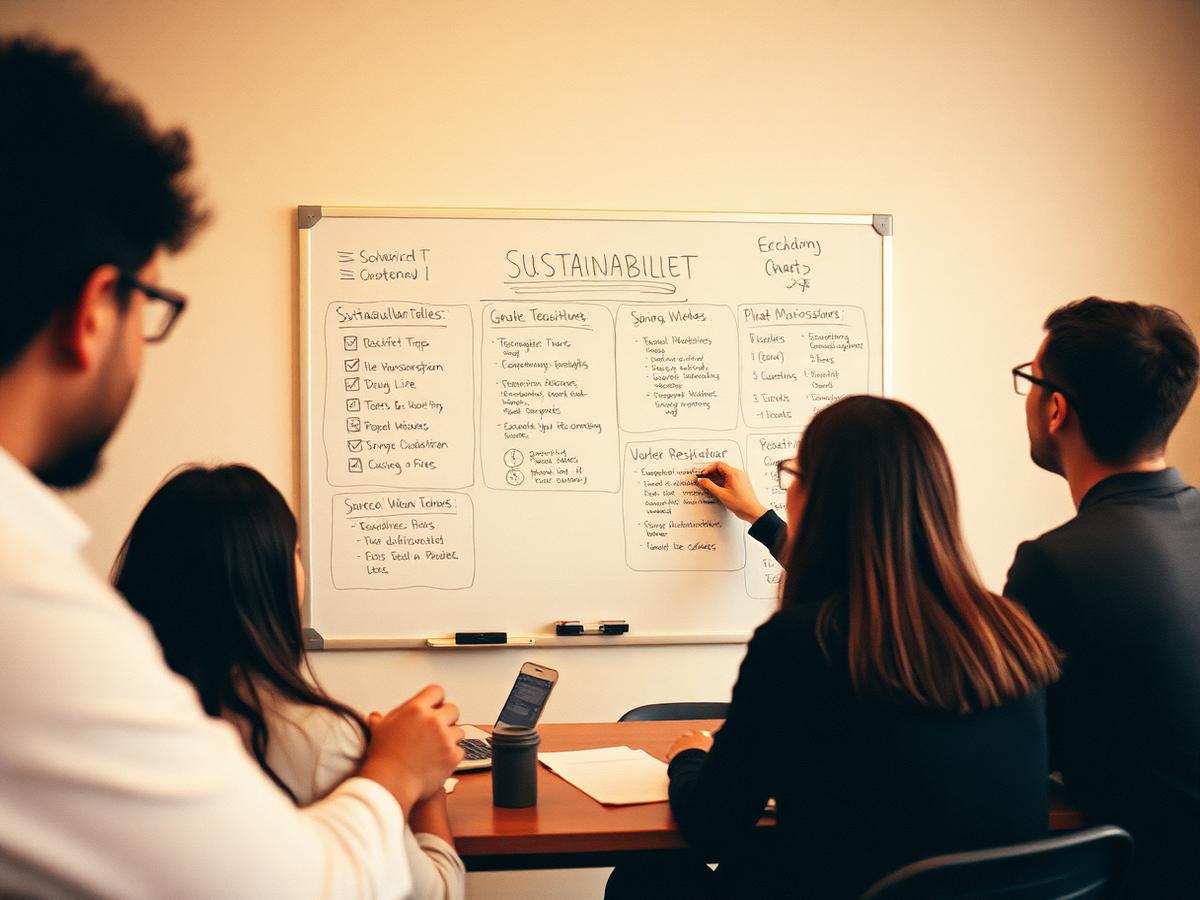 Team workshop around a whiteboard mapping sustainability goals