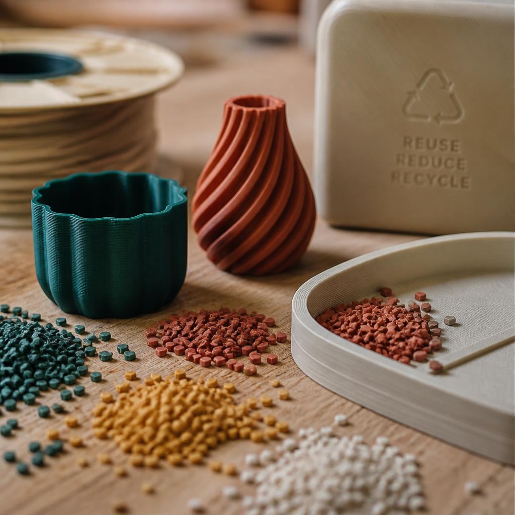 3D printed objects and recycled plastic pellets on a wooden surface