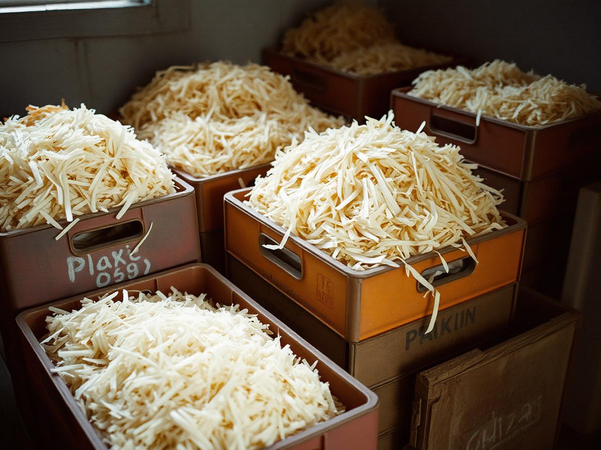 Shredded plastic flakes sorted in crates in a workshop